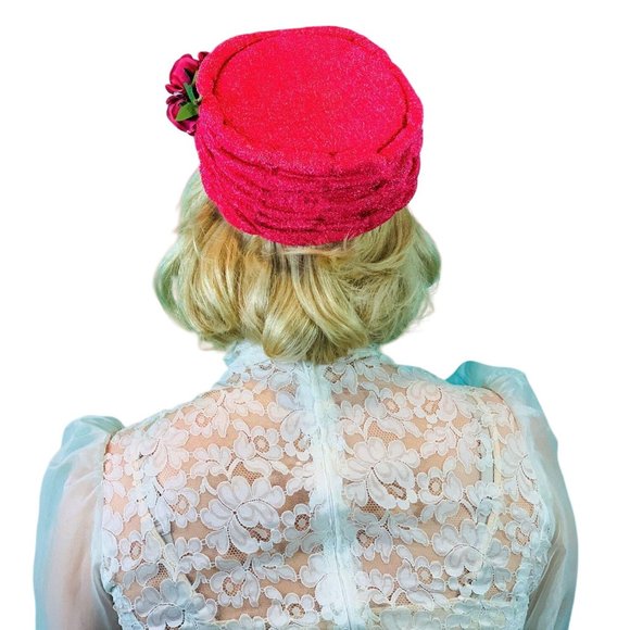 Vintage 1960s Pillbox Hat Hotpink Floral Round Hat main image 10